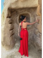 Kırmızı Boyundan Geçmeli Yırtmaçlı Elbise