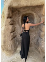 Siyah Boyundan Geçmeli Yırtmaçlı Elbise