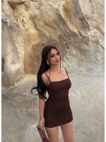 Kahve Askılı Bodycon Mini Elbise