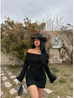 Siyah Katlamalı Triko Madonna Elbise