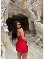 Kırmızı Balenli Saten Elbise