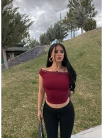 Bordo Droplu Kayık Yaka Crop