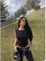Siyah Ön Düğmeli Kaşkorse Bluz