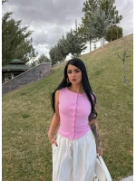 Pembe Ön Düğmeli Kaşkorse Bluz