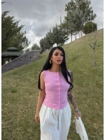Pembe Ön Düğmeli Kaşkorse Bluz
