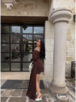 Kahve Asimetrik Kesim Tül Detay Elbise