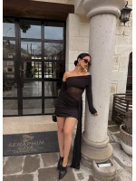 Siyah Asimetrik Kesim Tül Detay Elbise