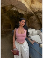 Pembe Boyundan Geçmeli Çift Kat Crop