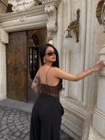 Kahve İp Askılı Güpürlü Bodysuit