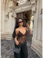 Kahve İp Askılı Güpürlü Bodysuit
