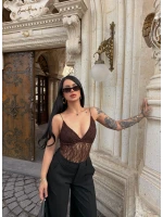 Kahve İp Askılı Güpürlü Bodysuit