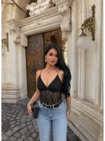 Siyah İp Askılı Güpürlü Bodysuit