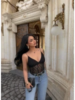 Siyah İp Askılı Güpürlü Bodysuit