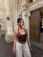 Kahve Boyundan Geçmeli Güpürlü Bodysuit
