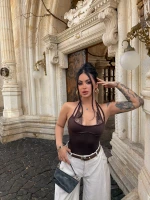 Kahve Boyundan Geçmeli Güpürlü Bodysuit