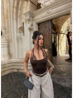 Kahve Boyundan Geçmeli Güpürlü Bodysuit