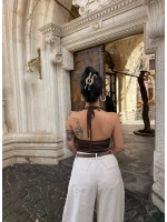 Kahve Boyundan Geçmeli Güpürlü Bodysuit