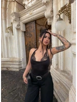 Siyah Boyundan Geçmeli Güpürlü Bodysuit