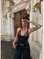 Siyah Boyundan Geçmeli Güpürlü Bodysuit