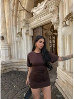 Kahve Büzgülü Modal Elbise