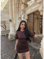 Kahve Büzgülü Modal Elbise