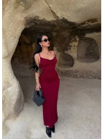 Bordo Askılı Degaje Yaka Elbise