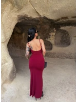 Bordo Askılı Degaje Yaka Elbise