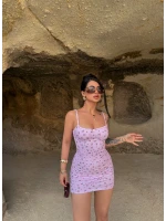 Lila Çiçek Desen İp Askılı Elbise