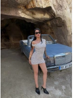 Beyaz Kayık Yaka Puantiyeli Elbise