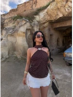 Kahve Yaka Tokalı Puantiyeli Bluz