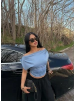 Mavi Yarasa Kol Kayık Yaka Crop