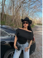 Siyah Yarasa Kol Kayık Yaka Crop