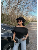 Siyah Yarasa Kol Kayık Yaka Crop
