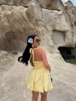 Sarı Boyundan Bağlamalı Balon Etekli Elbise