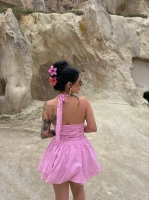 Pembe Boyundan Bağlamalı Balon Etekli Elbise