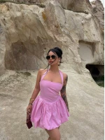 Pembe Boyundan Bağlamalı Balon Etekli Elbise