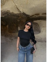 Siyah Glam Basic Taşlı Crop
