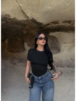 Siyah Glam Basic Taşlı Crop