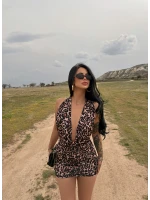 Leopar Sırt Zincirli Dekolte Elbise