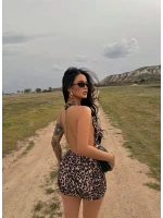 Leopar Sırt Zincirli Dekolte Elbise