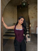 Bordo Göğüs Bağcıklı Biyeli Crop