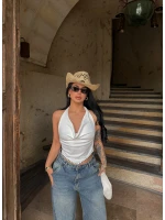 Beyaz Sırt Dekolte Droplu Bluz