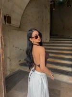 Kahve Sırt Dekolte Droplu Bluz