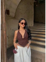 Kahve Sırt Dekolte Droplu Bluz