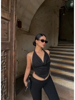 Siyah Sırt Dekolte Droplu Bluz