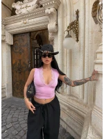 Pembe Güpürlü V Yaka Basic Crop