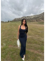 Lacivert Sırt Çapraz Maxi Elbise