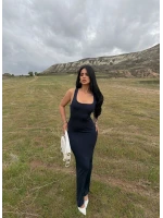 Lacivert Sırt Çapraz Maxi Elbise