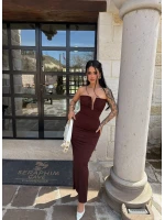 Kahve Yaka Aksesuarlı Straplez Elbise