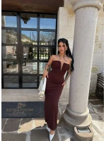 Kahve Yaka Aksesuarlı Straplez Elbise